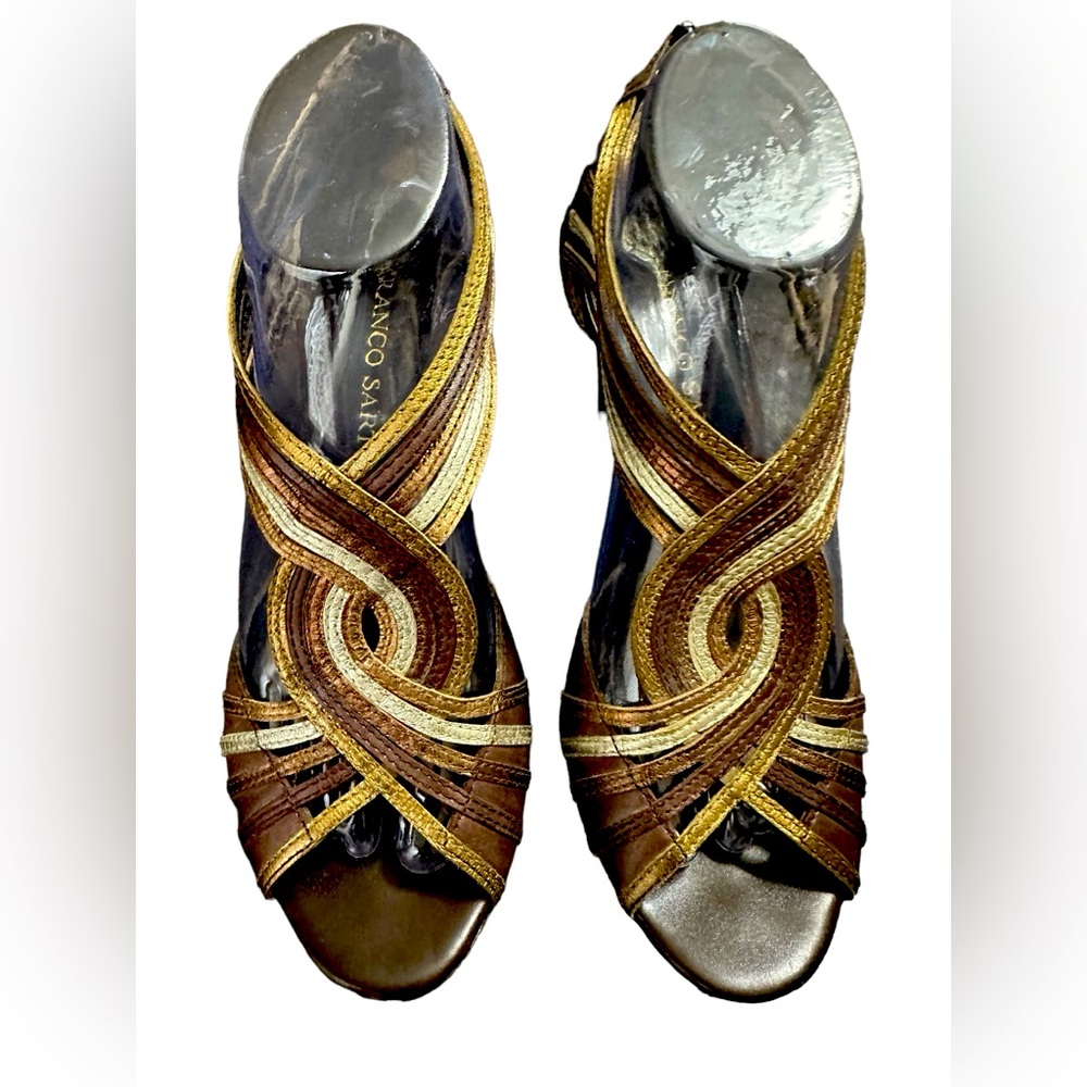 Franco Sarto Leather Gold Silver Bronze Brown Wood Wedge Sandals Heels Size 8